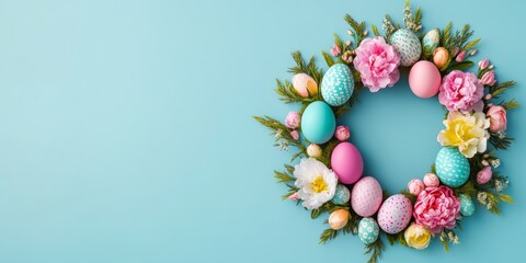 Wreath of Easter eggs and flowers is displayed on a blue background. The eggs are of various colors and sizes, and the flowers are pink and white. Scene is cheerful and festive