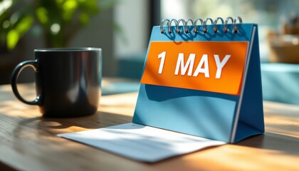 A new month begins, a desk calendar displaying the 1st of May alongside a steaming mug of coffee, welcoming the promise of spring and new beginnings,