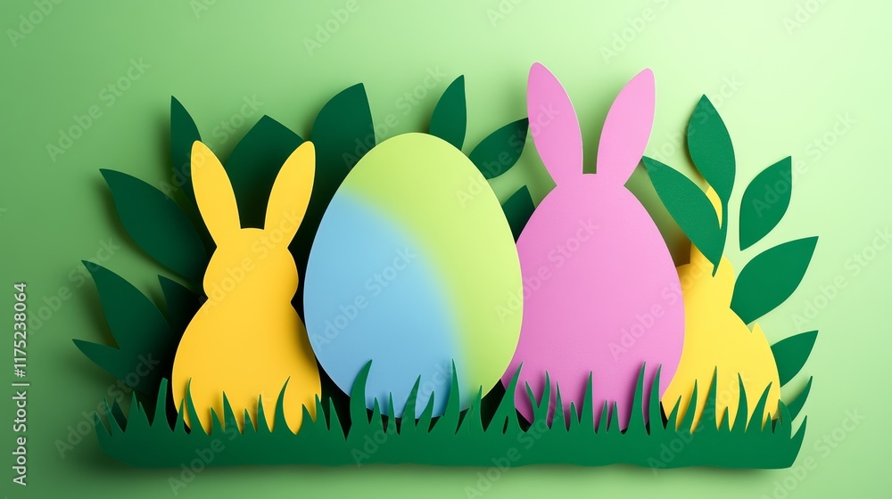 Poster group of paper rabbits are sitting in a field of grass with easter eggs in the background. scene is 