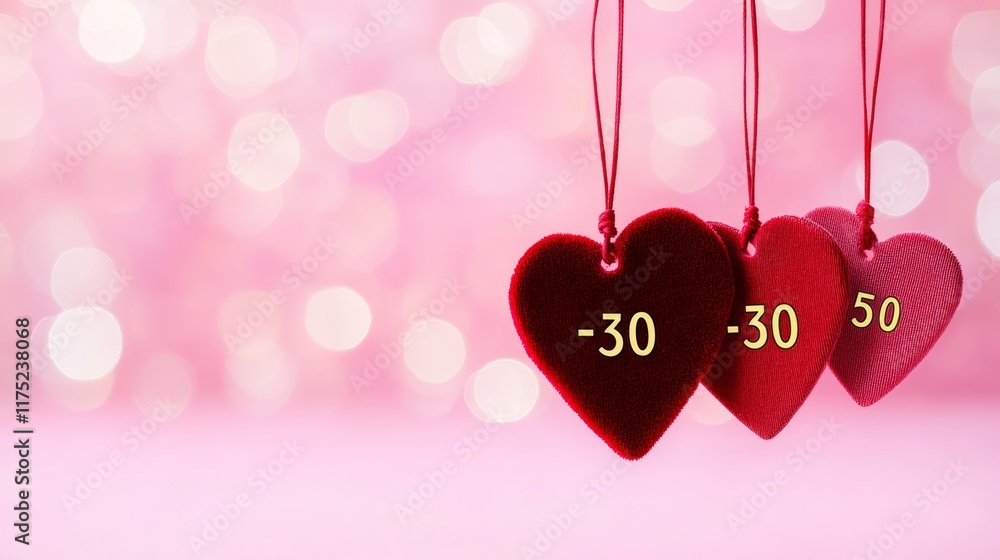 Poster three red hearts hanging from a string with the numbers 30 and -30 written on them. concept of love 