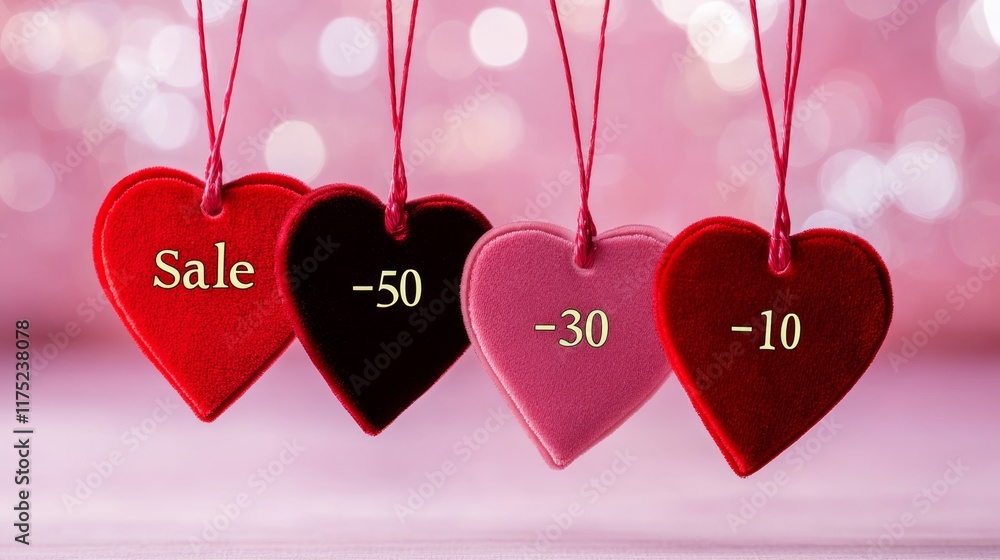 Poster four hearts hanging from a string with the numbers 50-10 written on them. concept of love and affect