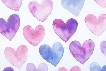 Fototapeta premium Watercolor light pink and purple hearts, valentine concept