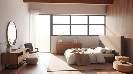 Minimalist bedroom with neutral tones, simple furniture, and large windows, soft lighting entering the room. Generative AI