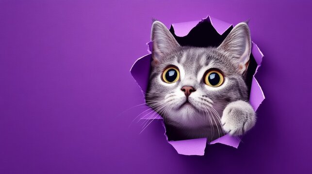 Cat is peeking out of a hole in a purple background. The cat's eyes are wide open, and it is curious about what's on the other side of the hole. The image has a playful and whimsical mood