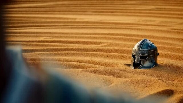 A gladiator helm in the sand of the arena