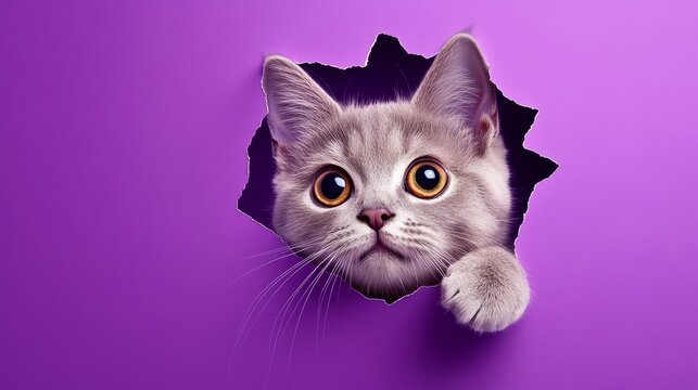 Cat is peeking out of a hole in a purple background. The cat's eyes are wide open, and it is curious about what's on the other side of the hole. The image has a playful and whimsical mood - Powered by Adobe