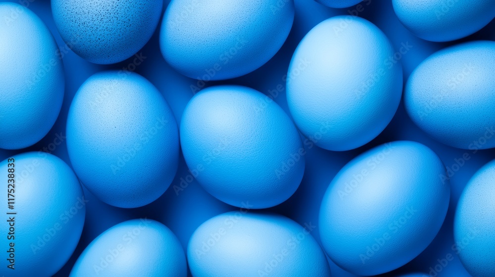 Poster close up of blue eggs with a blue background. the eggs are all different sizes and are arranged in a