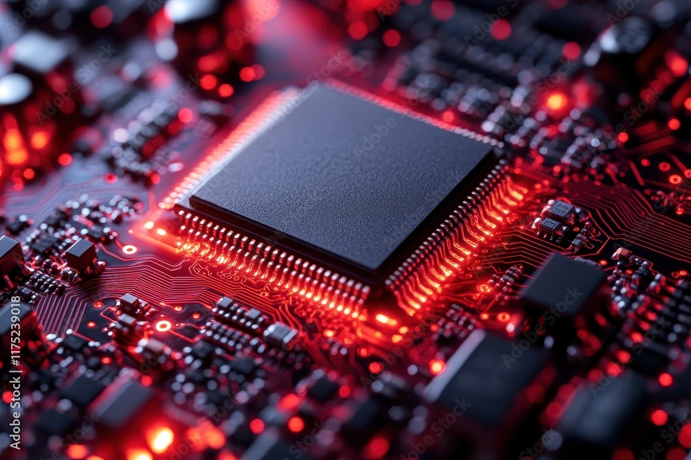 Poster close-up view of a computer motherboard displaying intricate circuitry and vibrant red lighting at a