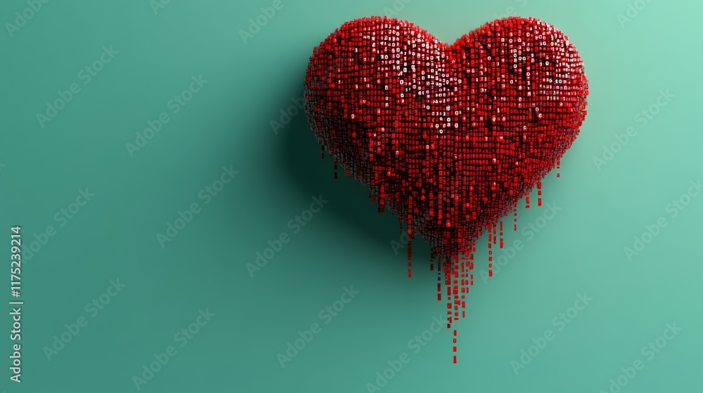 Poster heart made of red blocks with a red dripping from it. the heart is surrounded by a green background
