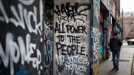 Graffiti-covered alleyway showcasing social justice messages in an urban environment