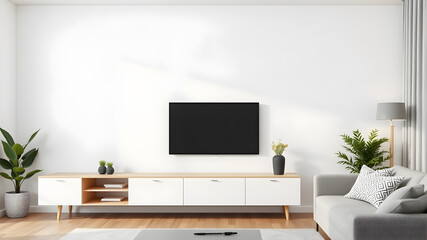 Mockup minimalist a cabinet television wall mounted with decoration in living room and white wall. Generative AI