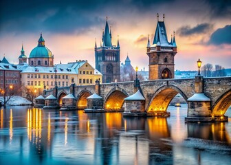 Obraz premium Snowy Charles Bridge Prague Winter - Scenic Czech Republic Landscape Photography