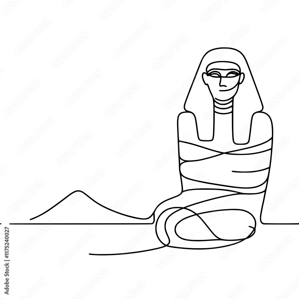 Poster abstract line drawing of ancient egyptian mummy with hieroglyphic elements , single line vector outl
