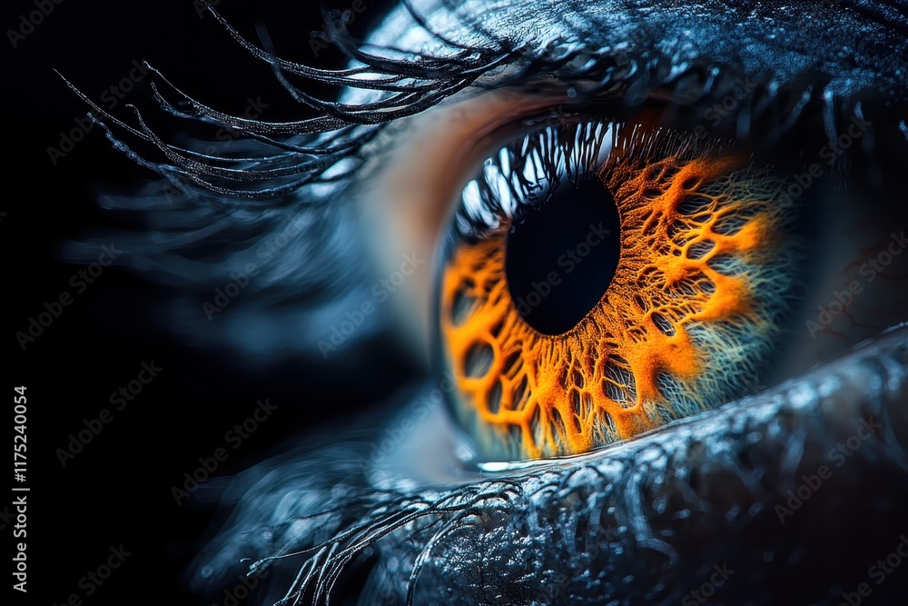 Poster close-up view of a striking eye with fiery orange patterns, showcasing intricate details and vivid c