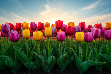 Endless tulip fields in full bloom with vibrant colors stretching to the horizon, set under a clear blue sky, symbolizing the beauty of nature and springtime
