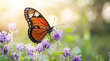 Fototapeta premium Beautiful butterfly on purple flower in green meadow scene