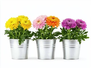 Vibrant flower arrangement in metal pots white background still life