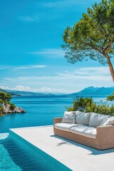 Obraz premium Luxurious outdoor sofa beside tranquil blue water in scenic location