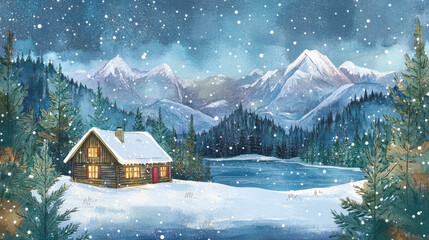 Fototapeta premium Serene Winter Landscape with Cozy Cabin and Snowy Mountains