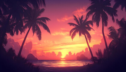 A silhouette of palm trees basking in the warm hues of a tropical sunset AI Generated