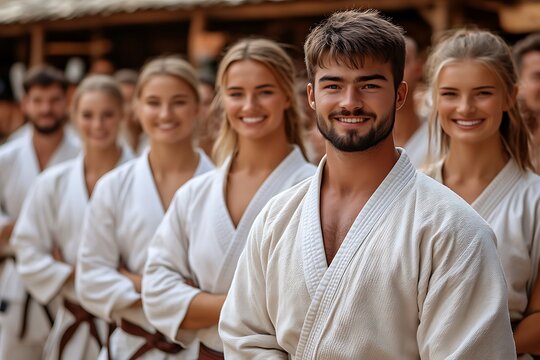 Confident Karateca and Students in Serene White Gi
