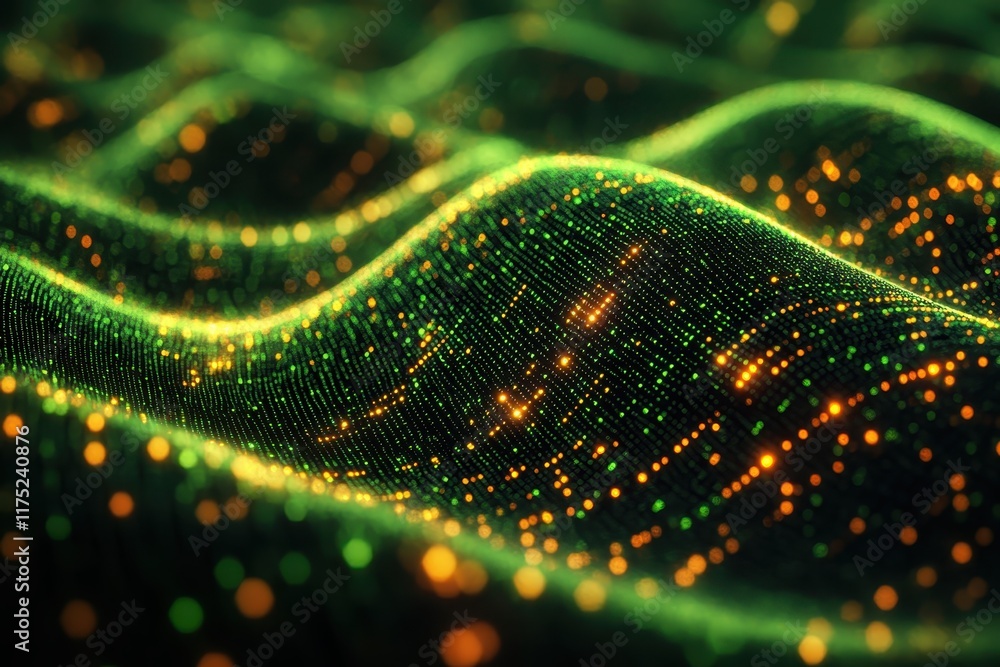 Poster digital waveform patterns illuminated in green and gold hues create a mesmerizing visual experience 