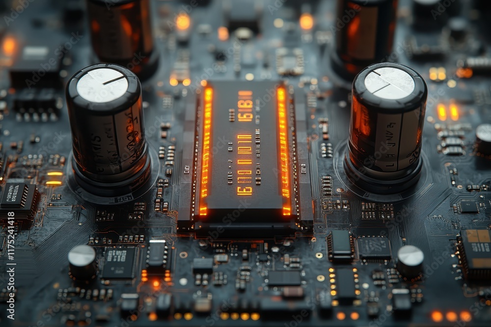 Poster circuit board featuring glowing components and intricate design elements in a close-up view