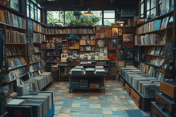 Fototapeta premium a vintage record shop brimming with vinyl collections retro decor and a nostalgic atmosphere the scene captures the essence of music culture and the love for analog sound in a cozy setting