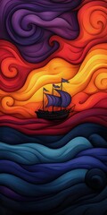 Obraz premium Colorful sailing ship amidst swirling waves and vibrant sunset sky