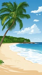Serene Tropical Beach Scene with Palm Tree, White Sand, and Azure Ocean