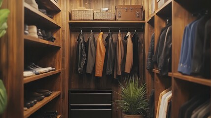 Closet organization with neatly hung jackets and stylish storage options