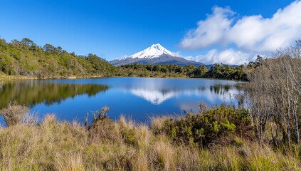 Scenic view of a mountain reflecting in a tranquil lake.