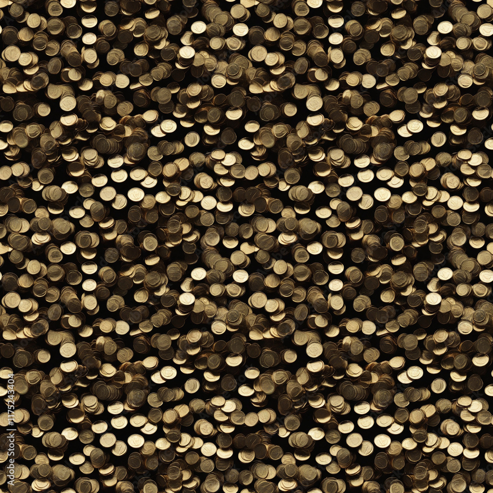 Poster seamless pattern of golden coins with a textured surface on a dark background for opulent and decora