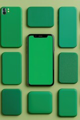 A flat lay of various green smartphone cases surrounding a central black phone on a green background. E-Governance
