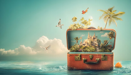 A suitcase bursting with exotic travel dreams, set against a blank background for personalized messages AI Generated