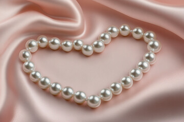 Obraz premium Pearl necklace arranged in the shape of a heart on a satin pink background.
