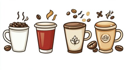 Coffee Cup Clip Art icon set on a clean background, clip art style, vector illustration, coffee theme clip artwork for stickers, coffee shop graphics