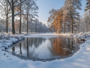 Serene Frozen Winter Landscape with Snowy Forest and Reflective Pond