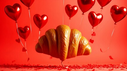 Golden croissant suspended with red heart-shaped balloons surrounded by scattered rose petals on a vibrant red background. A whimsical and romantic celebration of love and indulgence.