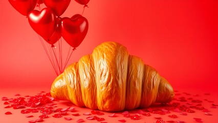 Golden croissant with red heart-shaped balloons and scattered rose petals on a vibrant red background. A romantic and artistic concept celebrating love and indulgence.