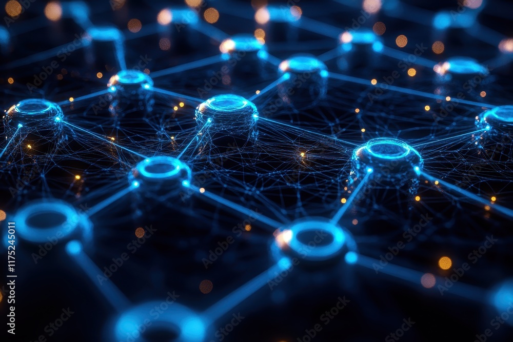 Poster visual representation of a complex network of interconnected nodes and lines illuminated by glowing 