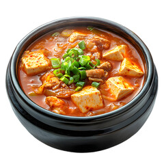 A bowl of kimchi jjigae (kimchi stew) isolated die cut 
