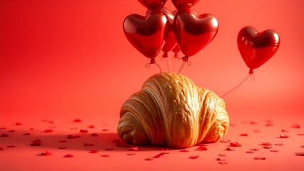 Golden croissant paired with floating red heart-shaped balloons on a warm red background, surrounded by scattered rose petals. A romantic and indulgent culinary concept.