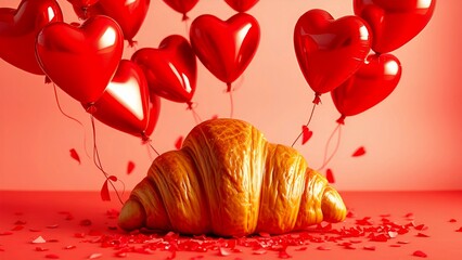 Golden croissant surrounded by red rose petals and floating red heart-shaped balloons on a vibrant pink background. Concept of love, romance, and indulgence in French-inspired aesthetics.