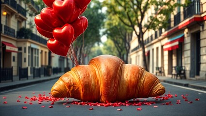 Oversized croissant surrounded by red rose petals and floating heart-shaped balloons on a charming Parisian street. Concept of romance, French culture, and love for pastries.