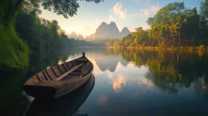Obraz premium Serene Sunrise Over Calm River With Wooden Boat