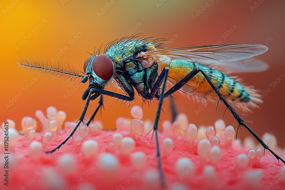 Poster close-up of a colorful insect perched on soft surface with eggs in a vibrant environment