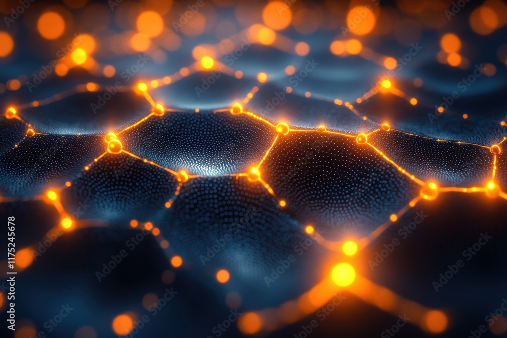 Poster stunning close-up of a futuristic hexagonal network with glowing nodes and dark textures interacting