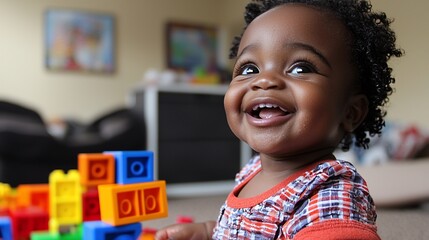 Happy African American baby boy playing with colorful building blocks indoors.