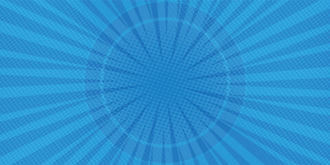 Comic background. Pop art texture. Starburst cartoon style. Anime design with explosion effect for print. Fun dot pattern. Blue backdrop with halftone gradient.